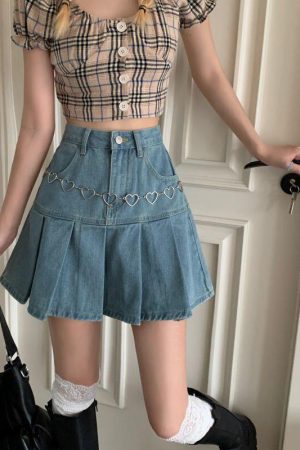 Soft Girl Pleated Denim Mini Skirt