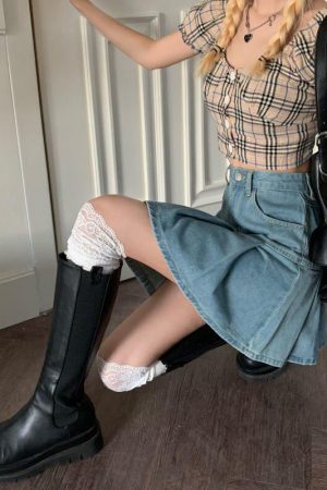 Soft Girl Pleated Denim Mini Skirt