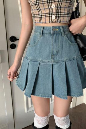 Soft Girl Pleated Denim Mini Skirt