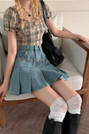 Soft Girl Pleated Denim Mini Skirt