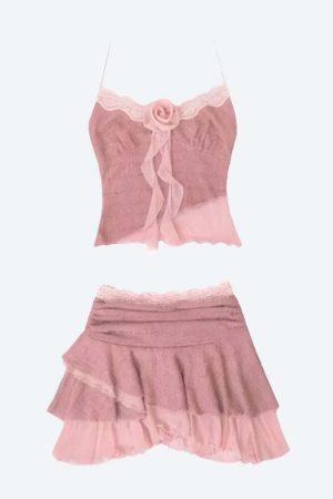 Soft Girl Rose Top & Mini Skirt Two Piece Set