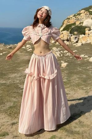 Soft Girl Striped Crop Top & Maxi Skirt Two Piece Set