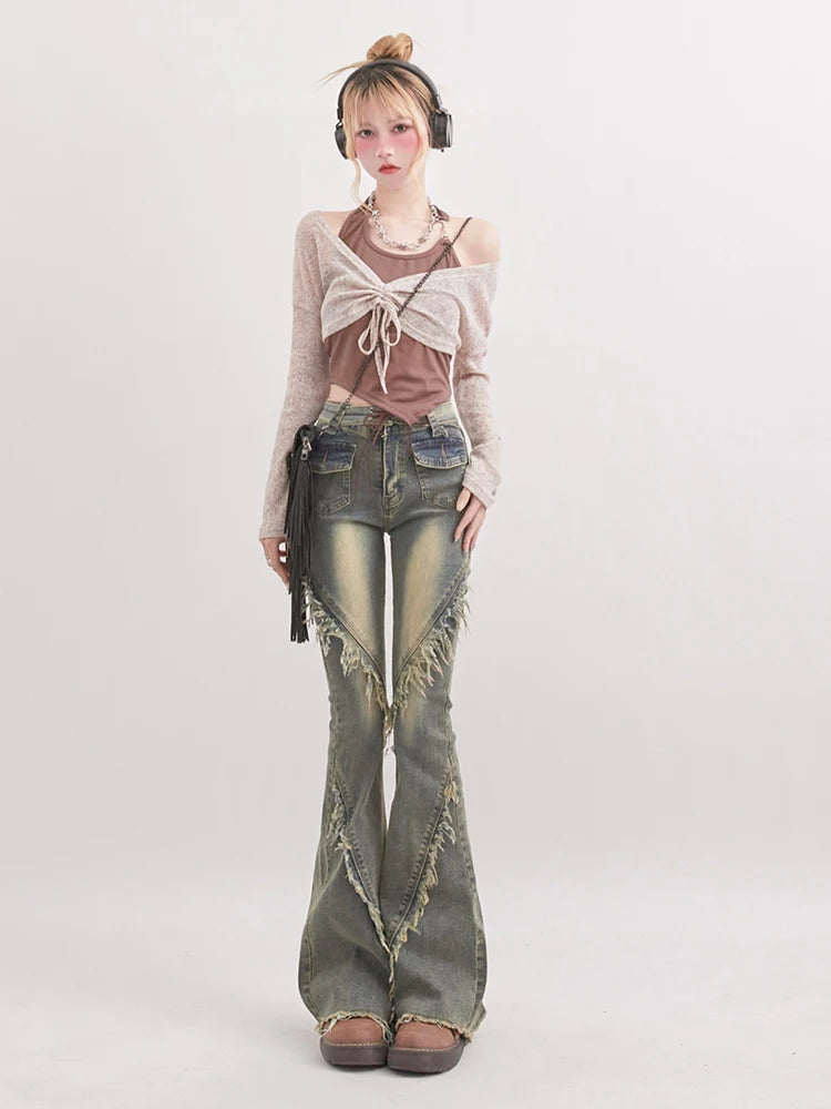 Soft Grunge Tasseled Flare Jeans Soft Grunge Tasseled Flare Jeans