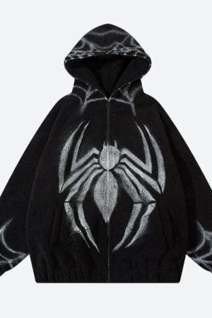Spider Full Zip-Up Teddy Hoodie Jacket