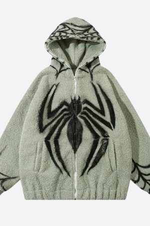 Spider Full Zip-Up Teddy Hoodie Jacket