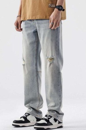 Straight Leg Distressed Knee Jeans