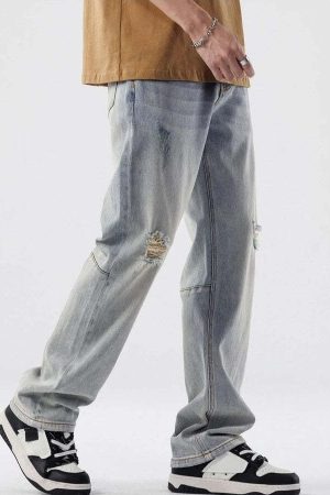 Straight Leg Distressed Knee Jeans