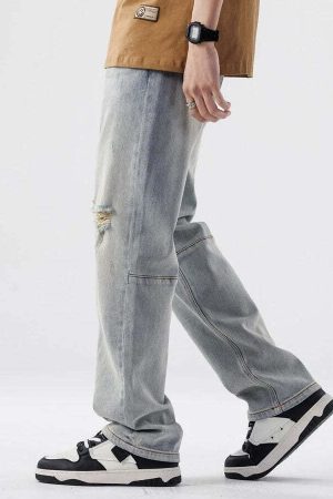 Straight Leg Distressed Knee Jeans
