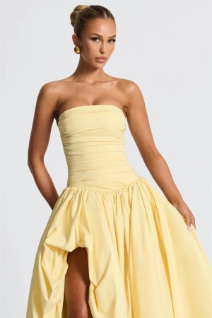 Strapless High Split Lace-Up Back Maxi Dress