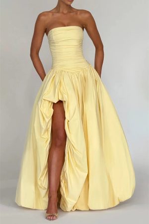 Strapless High Split Lace-Up Back Maxi Dress