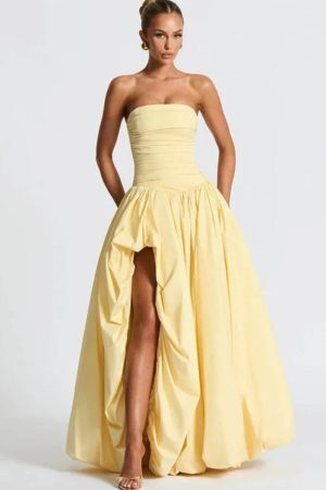 Strapless High Split Lace-Up Back Maxi Dress