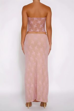 Strapless Sheer Top & Maxi Skirt Two Piece Set