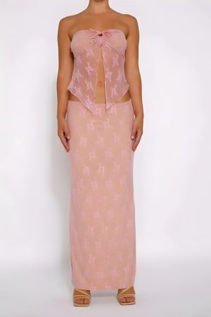 Strapless Sheer Top & Maxi Skirt Two Piece Set