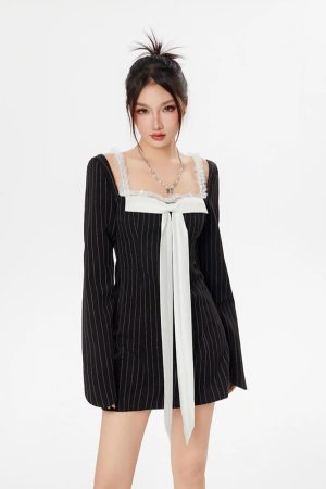 Striped Lace Strap Bow Mini Dress