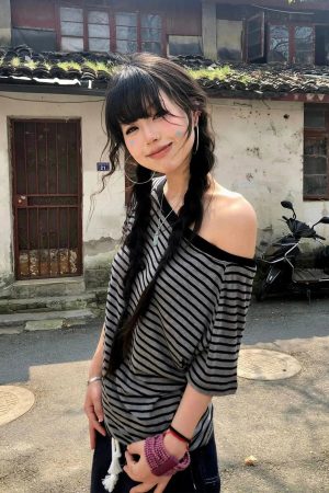 Striped One Shoulder Tee