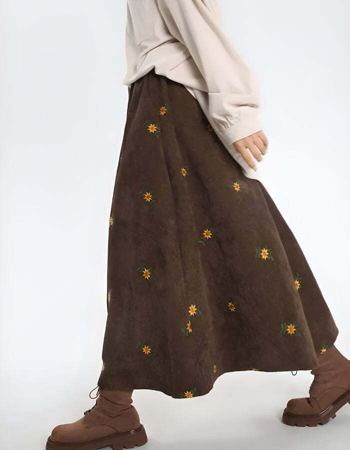 Sunflower Embroidered Corduroy Maxi Skirt Sunflower Embroidered Corduroy Maxi Skirt