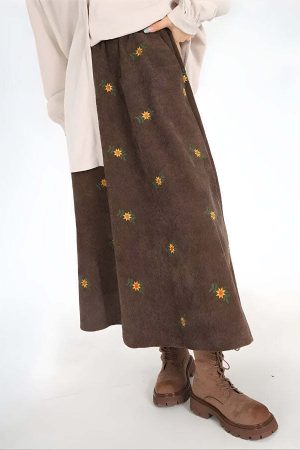Sunflower Embroidered Corduroy Maxi Skirt