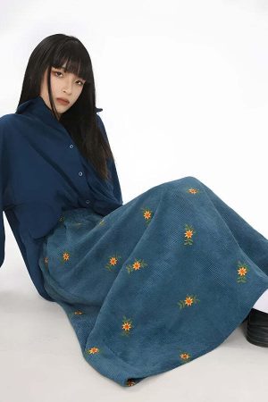Sunflower Embroidered Corduroy Maxi Skirt