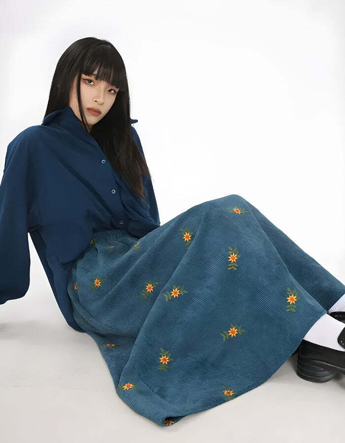Sunflower Embroidered Corduroy Maxi Skirt Sunflower Embroidered Corduroy Maxi Skirt