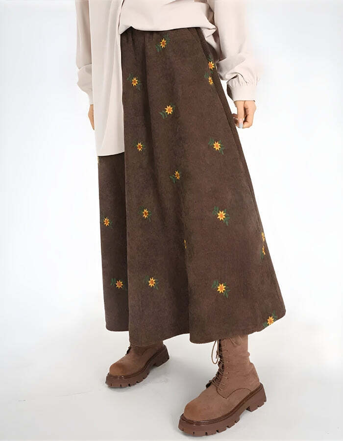 Sunflower Embroidered Corduroy Maxi Skirt Sunflower Embroidered Corduroy Maxi Skirt