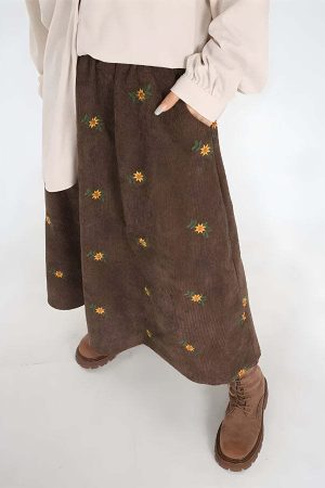 Sunflower Embroidered Corduroy Maxi Skirt