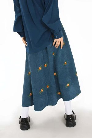 Sunflower Embroidered Corduroy Maxi Skirt