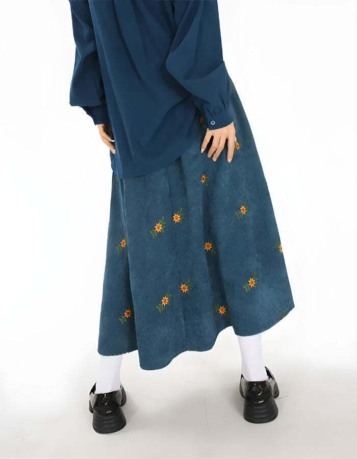 Sunflower Embroidered Corduroy Maxi Skirt Sunflower Embroidered Corduroy Maxi Skirt