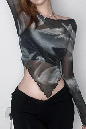 Swan Graphic Asymmetrical Mesh Top