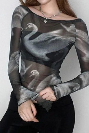 Swan Graphic Asymmetrical Mesh Top