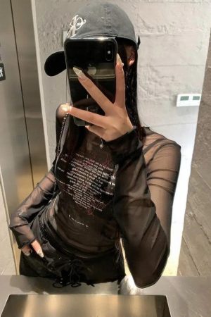 Text Print Sheer Mesh Top