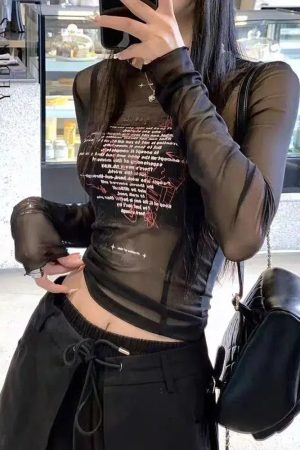 Text Print Sheer Mesh Top