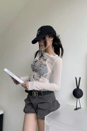 Text Print Sheer Mesh Top