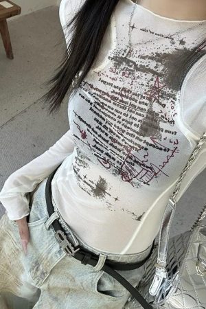Text Print Sheer Mesh Top