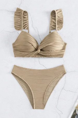 Twisted Bust Ruffled Straps Bikini Set