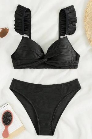 Twisted Bust Ruffled Straps Bikini Set