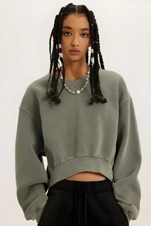 V-Neck Drop Shoulder Cropped Sweatshirt