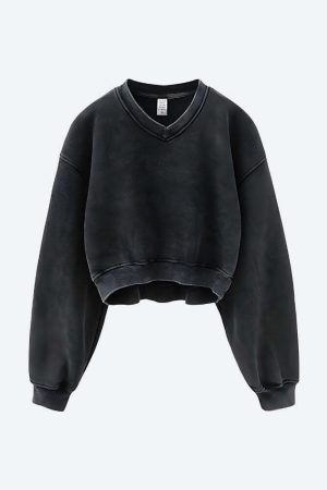 V-Neck Drop Shoulder Cropped Sweatshirt