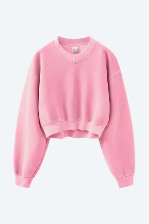 V-Neck Drop Shoulder Cropped Sweatshirt