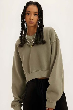 V-Neck Drop Shoulder Cropped Sweatshirt