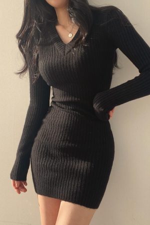 V-neck Knitted Mini Dress