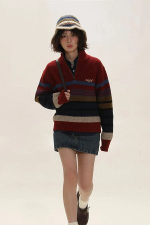 Vintage Aesthetic Knitted Zip Sweater