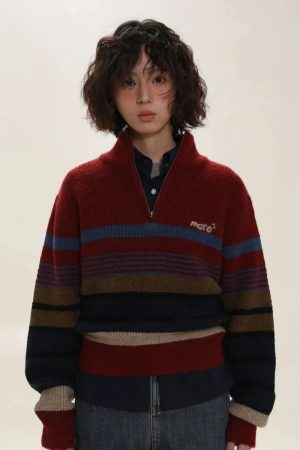 Vintage Aesthetic Knitted Zip Sweater