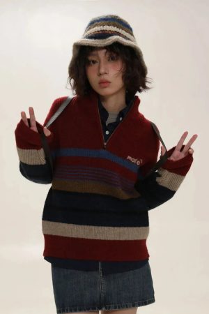 Vintage Aesthetic Knitted Zip Sweater