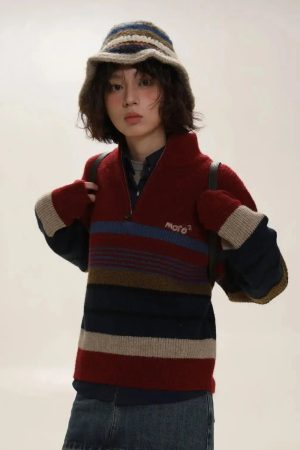 Vintage Aesthetic Knitted Zip Sweater
