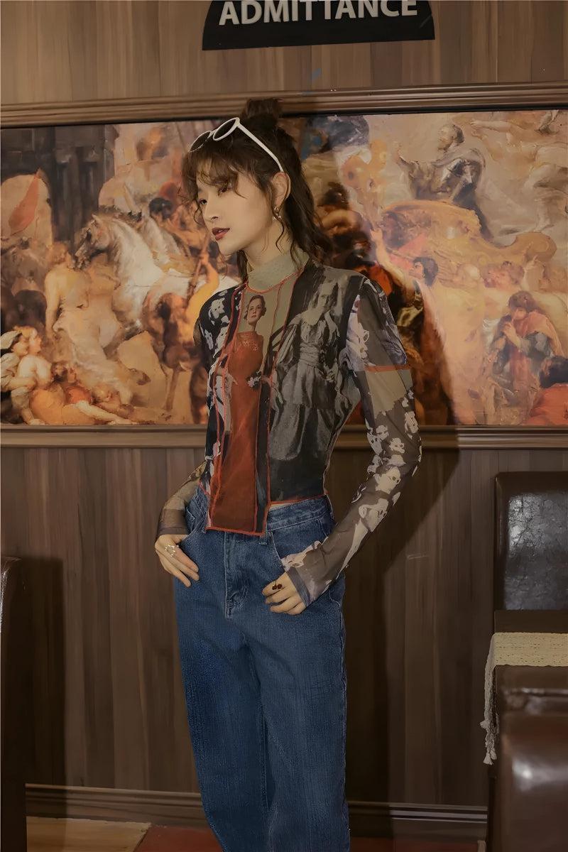 Vintage Asymmetric Patch Mesh Top Vintage Asymmetric Patch Mesh Top