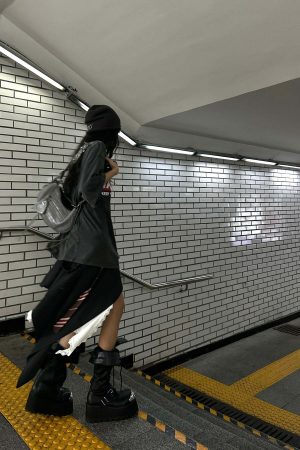 WARDEN EDGE Asymmetric Pinstripe Mini Skirt with Tie Detail and Lace Trim