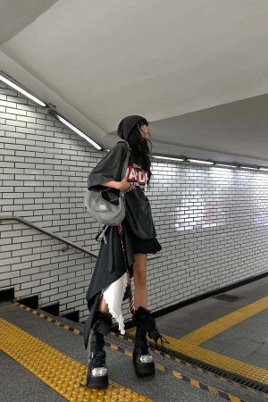 WARDEN EDGE Asymmetric Pinstripe Mini Skirt with Tie Detail and Lace Trim