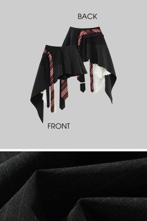 WARDEN EDGE Asymmetric Pinstripe Mini Skirt with Tie Detail and Lace Trim