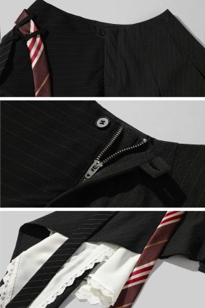 WARDEN EDGE Asymmetric Pinstripe Mini Skirt with Tie Detail and Lace Trim