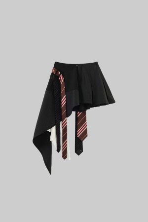 WARDEN EDGE Asymmetric Pinstripe Mini Skirt with Tie Detail and Lace Trim